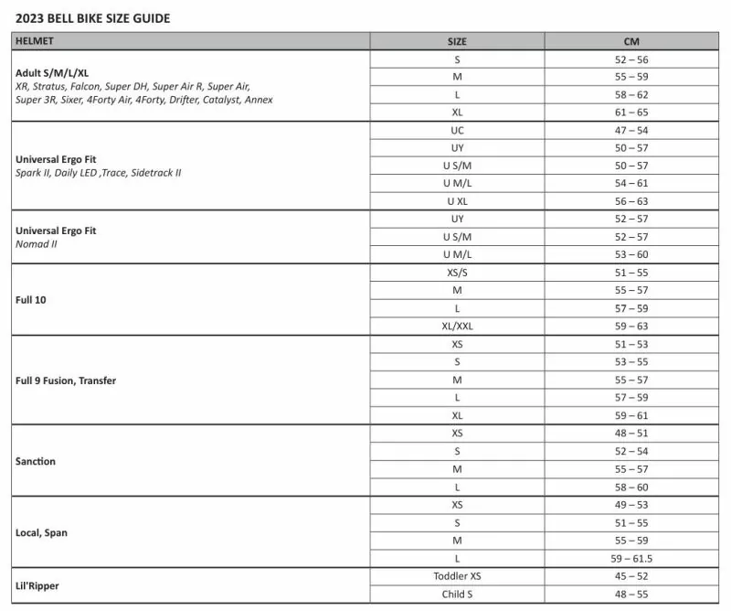 Grössentabelle bell