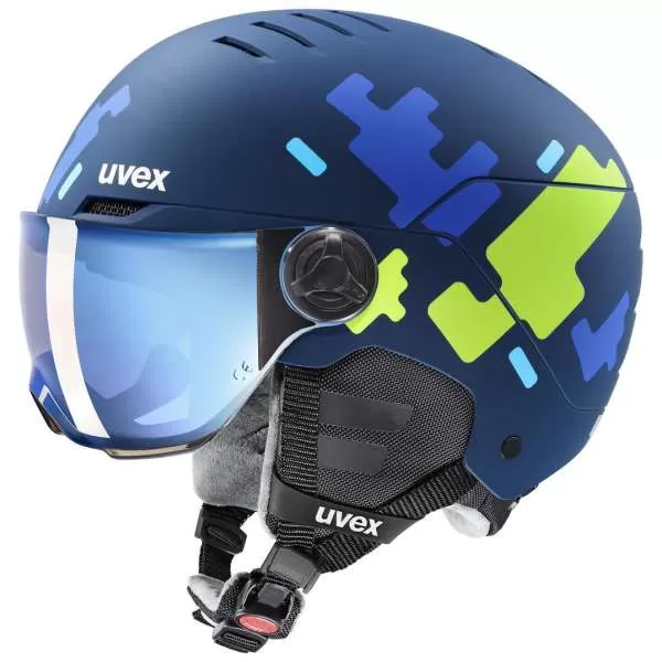 Uvex Rocket Junior Visor Ski Helmet - blue puzzle matt